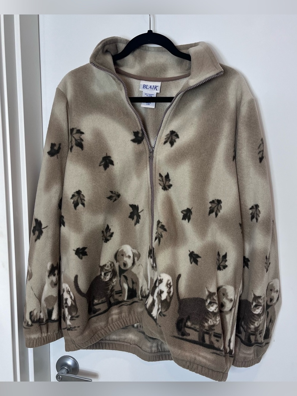 Vintage Blair Fleece Cat Dog Leaf Full Zip Jacket Large Y2K Sweater Fall Novelty